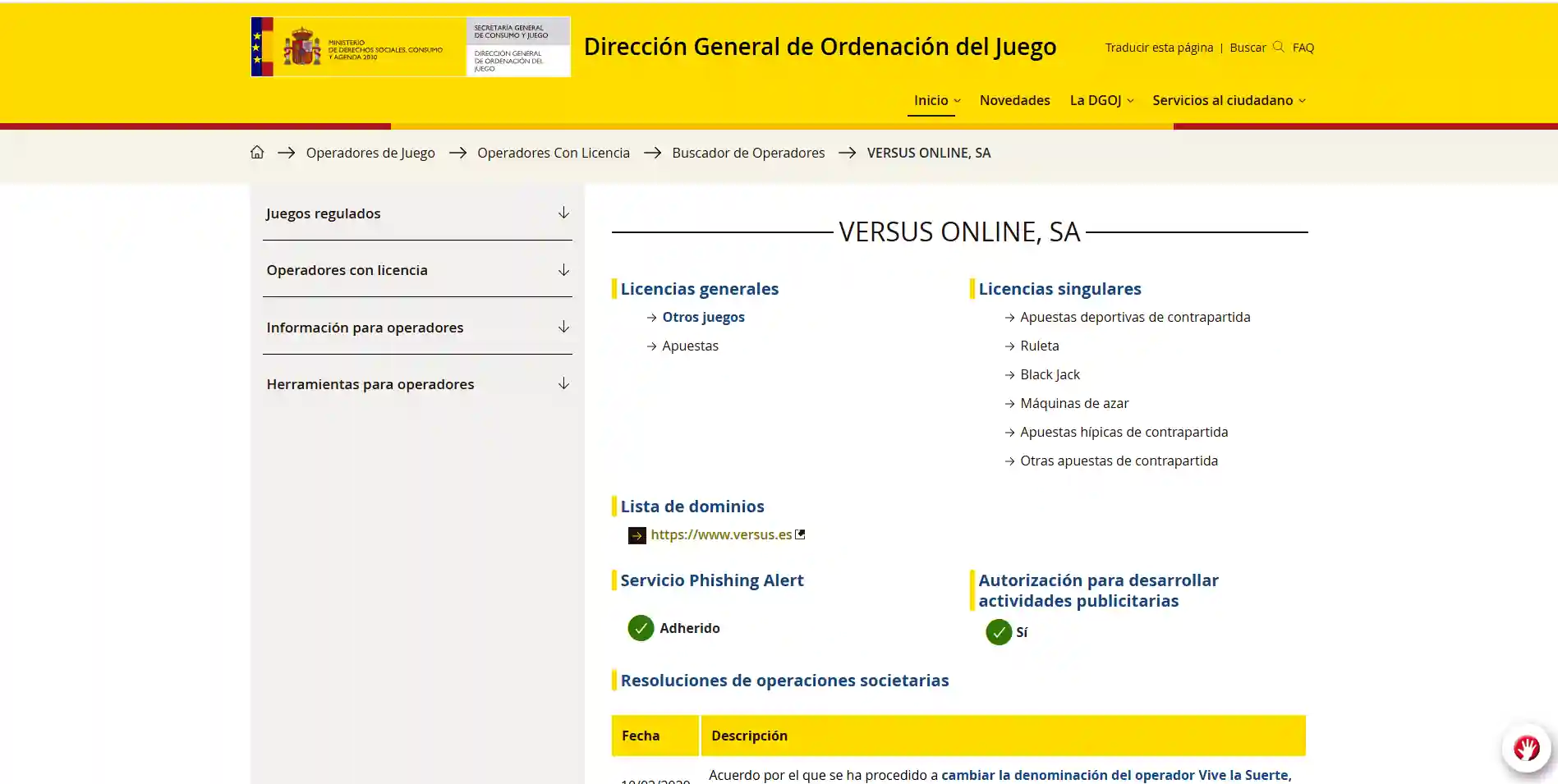 Registro público de la DGOJ con VERSUS ONLINE, S.A., sus licencias y el dominio versus.es